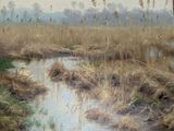 a painting of a stream running through a field