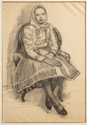 un vieux dessin représentant une femme assise sur une chaise, coiffée d'un chapeau