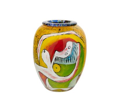 a vase with a painting on it on a white background