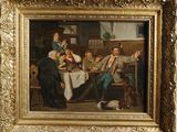 painting of a group of people sitting around a table in a room