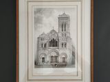a drawing of a church with a clock tower in the middle of it