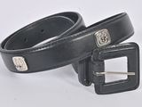 black leather belt with silver buckles on a white background