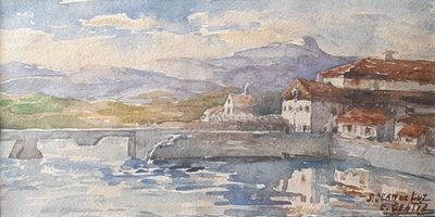a watercolor painting of a harbor with boats in it