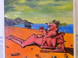 a picture of a painting of a man sitting on the beach