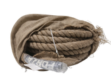 a roll of rope wrapped in burlock and a bottle of water