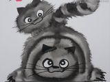 un tableau représentant deux chats assis l'un sur l'autre
