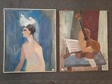 two paintings of a man with a guitar and a woman with a violin
