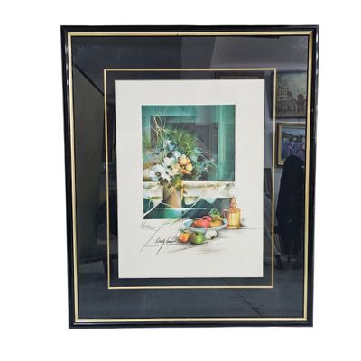 painting of a still life of fruit and flowers in a black frame
