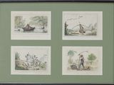 three framed pictures of people on a boat in a body of water
