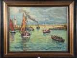 a painting of boats in the water with a lighthouse in the background