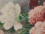 a painting of pink and white flowers in a vase