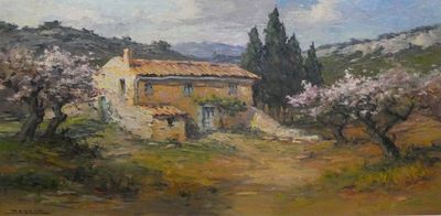 an oil painting of a house on a hill with trees in the foreground