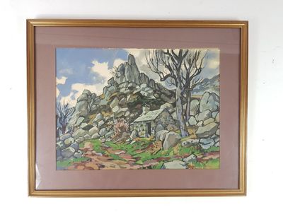 painting of a rocky landscape with trees and rocks in the foreground