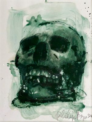 une photo d'une peinture représentant un crâne sur une feuille de papier