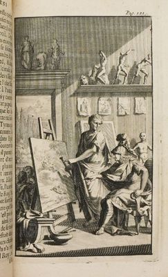 un vieux livre sur lequel figure l'image d'un homme assis devant un chevalet