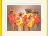 tableau représentant un groupe d'hommes avec des guitares et des chapeaux, dans un cadre jaune