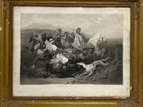 tableau représentant un groupe d'hommes à cheval, avec un chien à terre