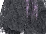 a black umbrella with a purple lace cover on it