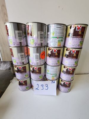 Plusieurs boîtes de conserve sont empilées sur une table