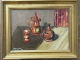 a painting of a painting of a tea pot and two cups on a table