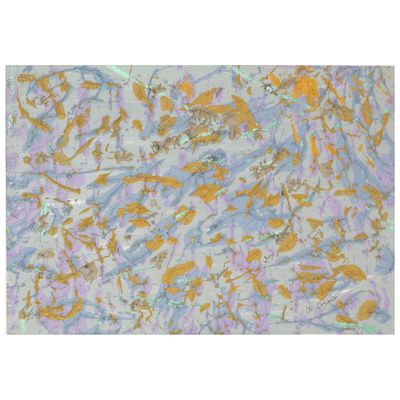 une peinture abstraite réalisée à la peinture dorée et bleue sur fond gris