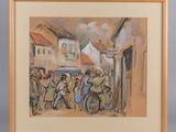 painting of a group of people walking down a street with umbrellas