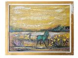 an oil painting of a horse in a field near a body of water