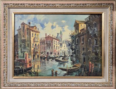 a picture of a painting of a canal with boats in it