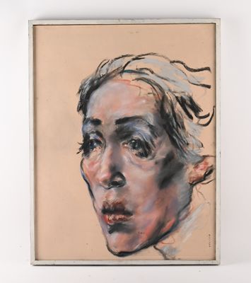 an image of a painting of a woman ' s face on a beige background