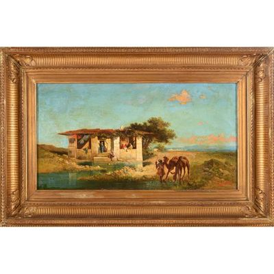 une peinture à l'huile représentant des chevaux dans un champ près d'une maison