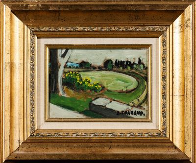 une image représentant un tableau représentant un terrain de golf, dans un cadre doré