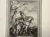 an old black and white drawing of a man on a horse with a group of people
