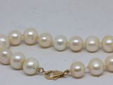 a close up of a white pearl bracelet with a gold clasp
