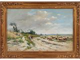 une peinture à l'huile représentant un homme marchant sur un chemin de terre avec un troupeau de moutons