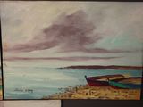 two paintings of boats on a beach next to a body of water