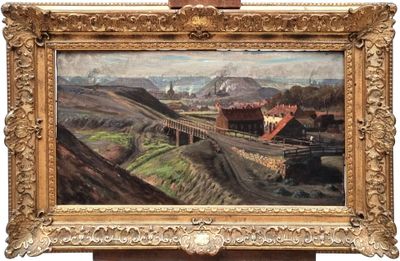 an image of a painting of a train on a track with a bridge in the background
