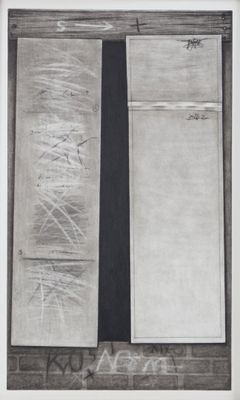 une image représentant un dessin en noir et blanc d'une porte recouverte de graffitis