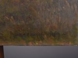 an oil painting of a horse grazing in a field with trees in the background