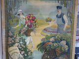 affiche représentant une femme vendant des fleurs dans un jardin, aux côtés d'un homme poussant une brouette