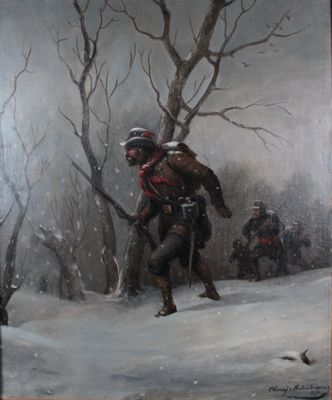 painting of a man carrying a rifle in a snowy forest