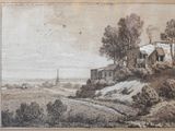 an old drawing of a house on a hill with a church in the distance