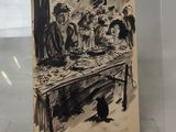 un vieux dessin représentant un chat assis sur une table devant un groupe de personnes