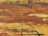 an oil painting of a tree in a field with a sign pointing to the left