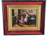 tableau à l'huile encadré représentant une famille dans un salon, près d'une fenêtre