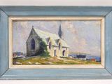 une peinture à l'huile représentant une église surmontée d'un clocher
