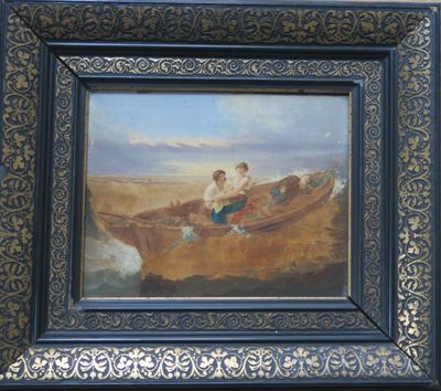 une photo d'un tableau représentant un homme et un garçon dans un bateau