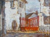 an oil painting of a red gate in front of a white building