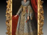 un tableau représentant une femme en robe bleue debout près d'un rideau rouge