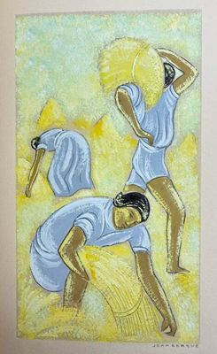 tableau représentant un couple vêtu de chemises bleues et de shorts blancs