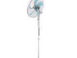 a close up of a fan on a stand on a white background